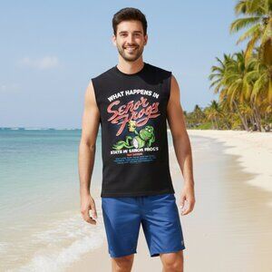 Vintage Senor Frog's What Happens In Small Black 100% Cotton Men's Tank Top EUC
